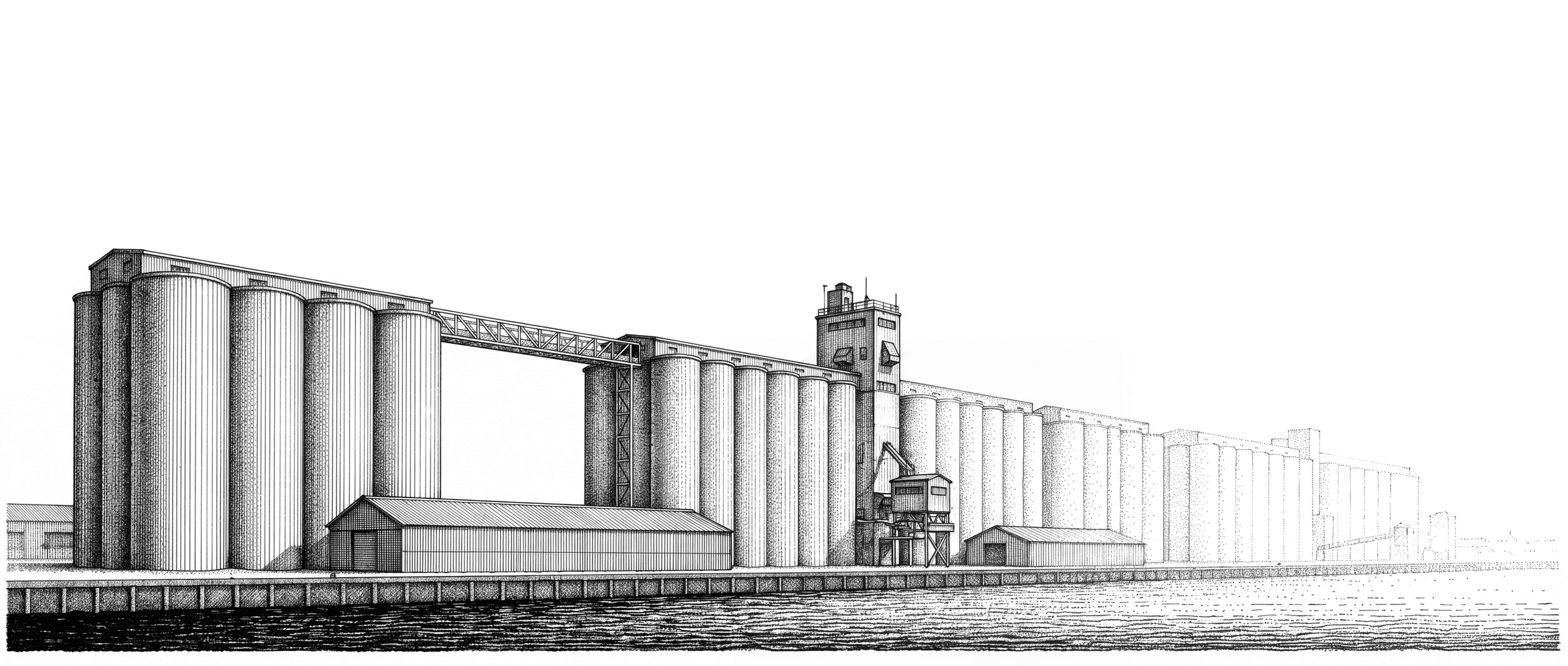 Grain silos repeating across the sheet and dissolving at the edge.
