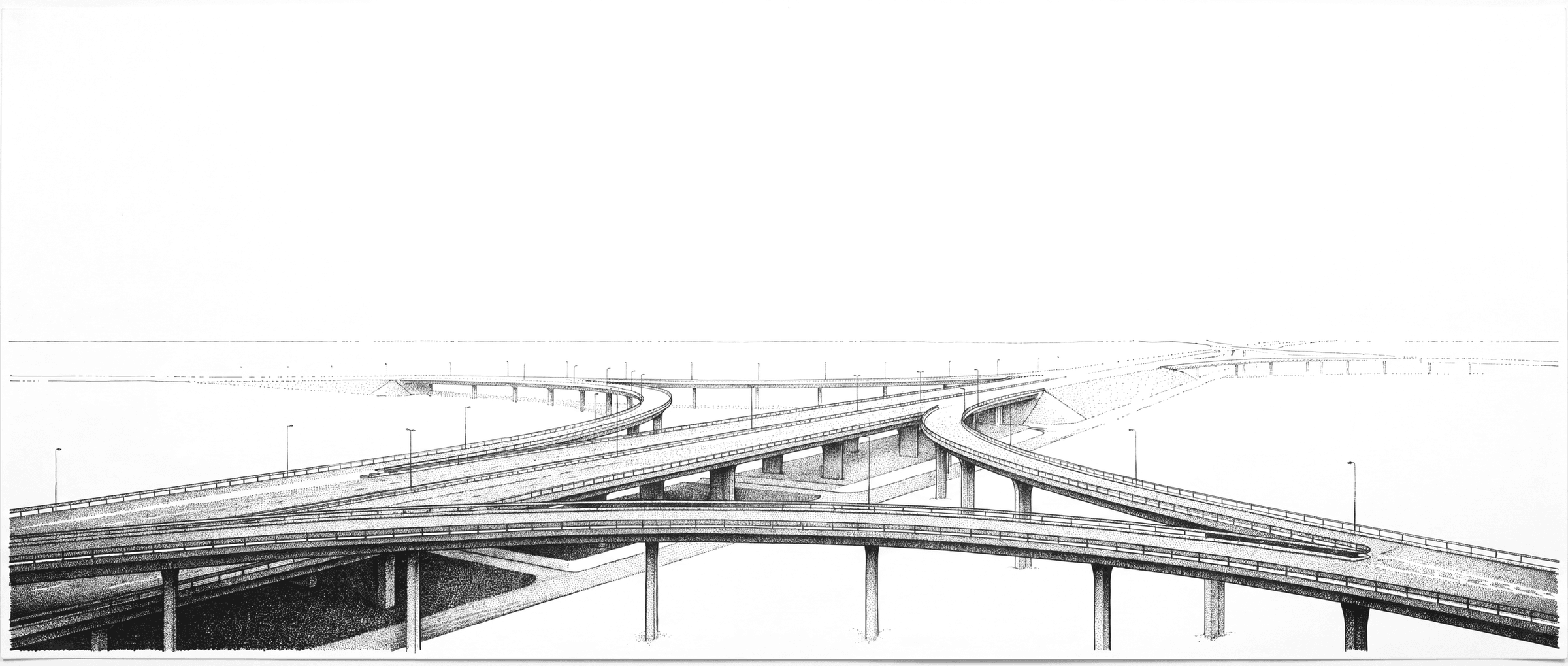 A motorway interchange repeating and thinning out across the sheet.