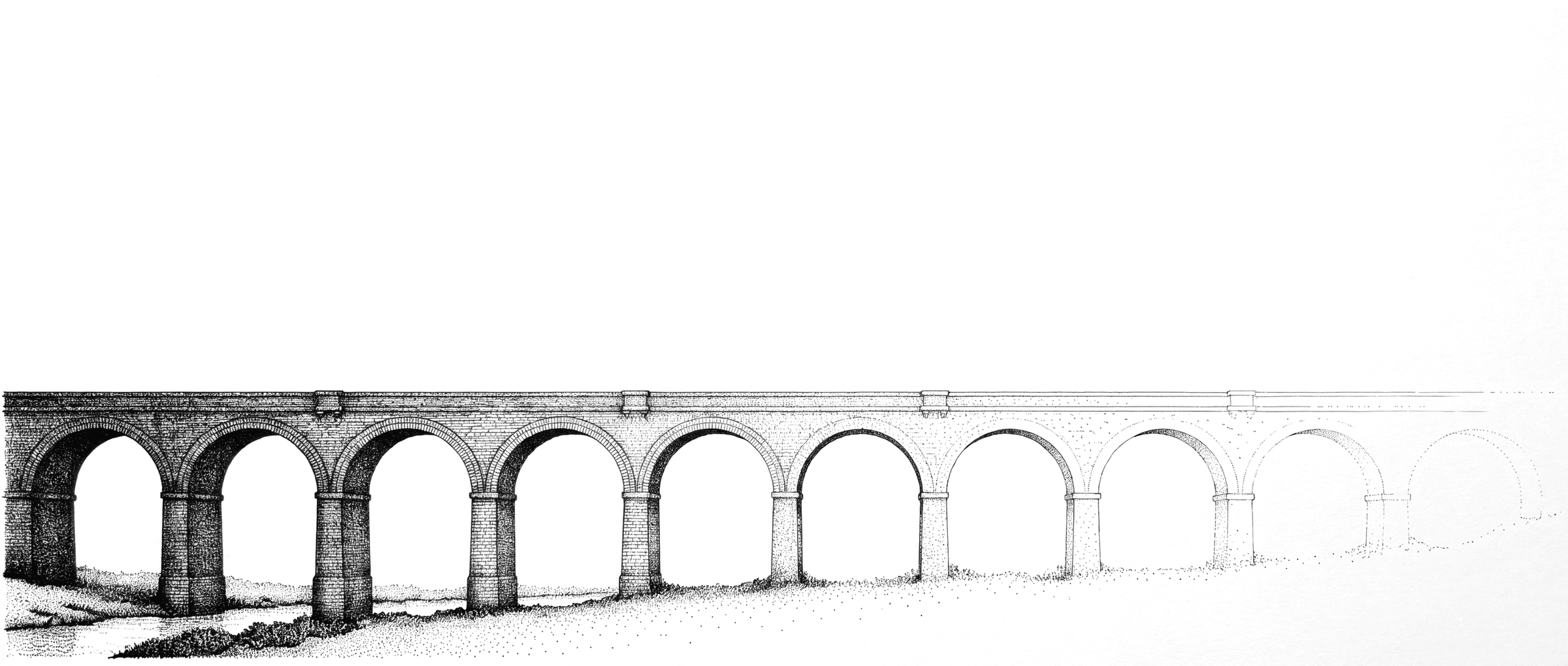 A viaduct's arches repeating and fading out across the sheet.