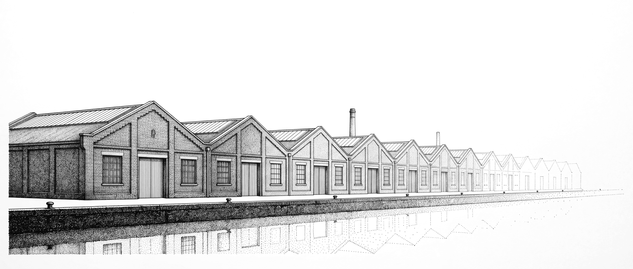 A run of warehouses repeating and dissolving toward the edge of the sheet.