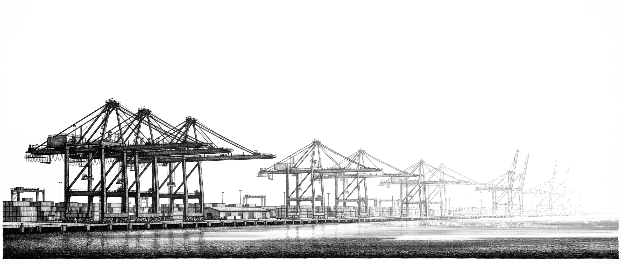 Port cranes repeating along the quay and thinning out to nothing.