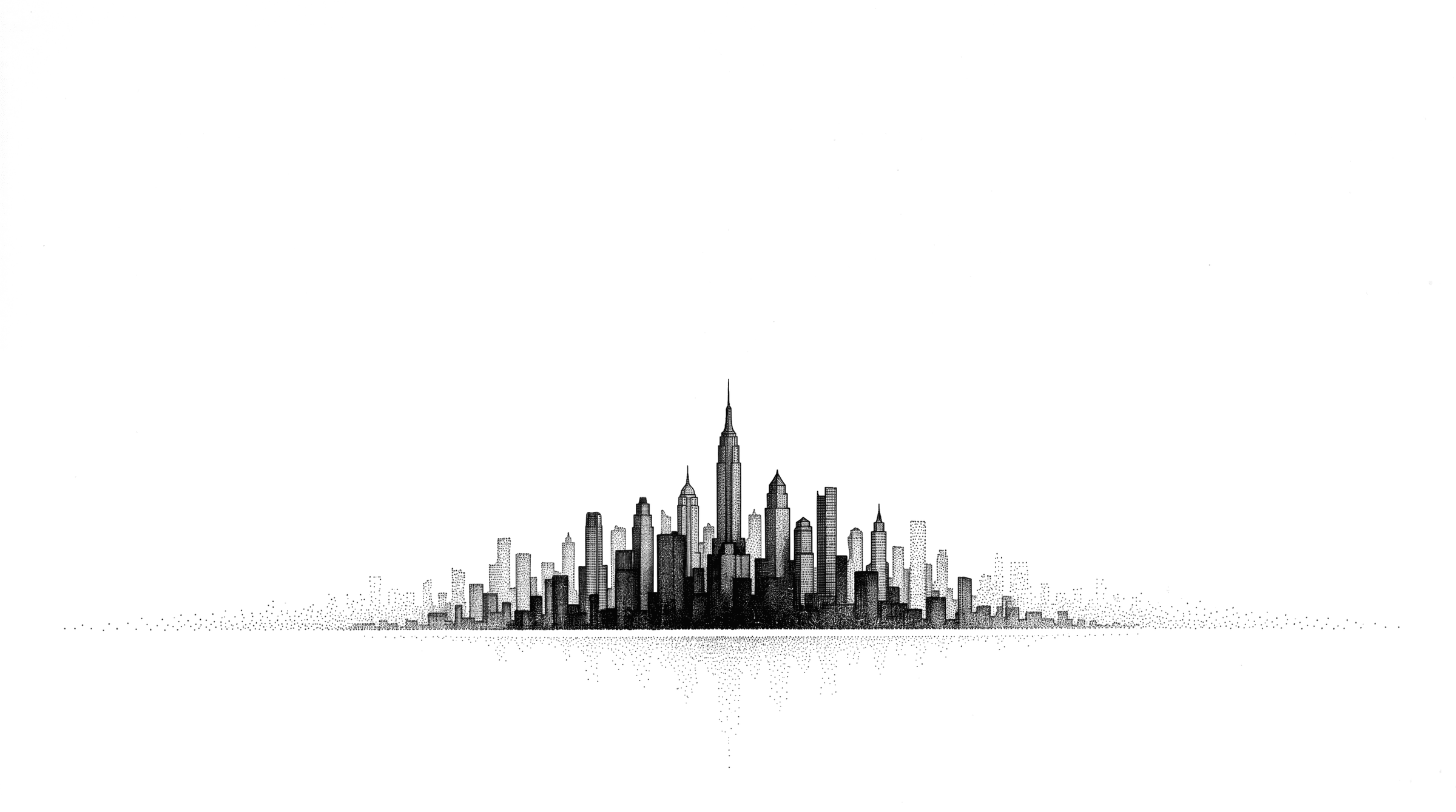 The distant city in stipple, inverted so the towers read white on black.