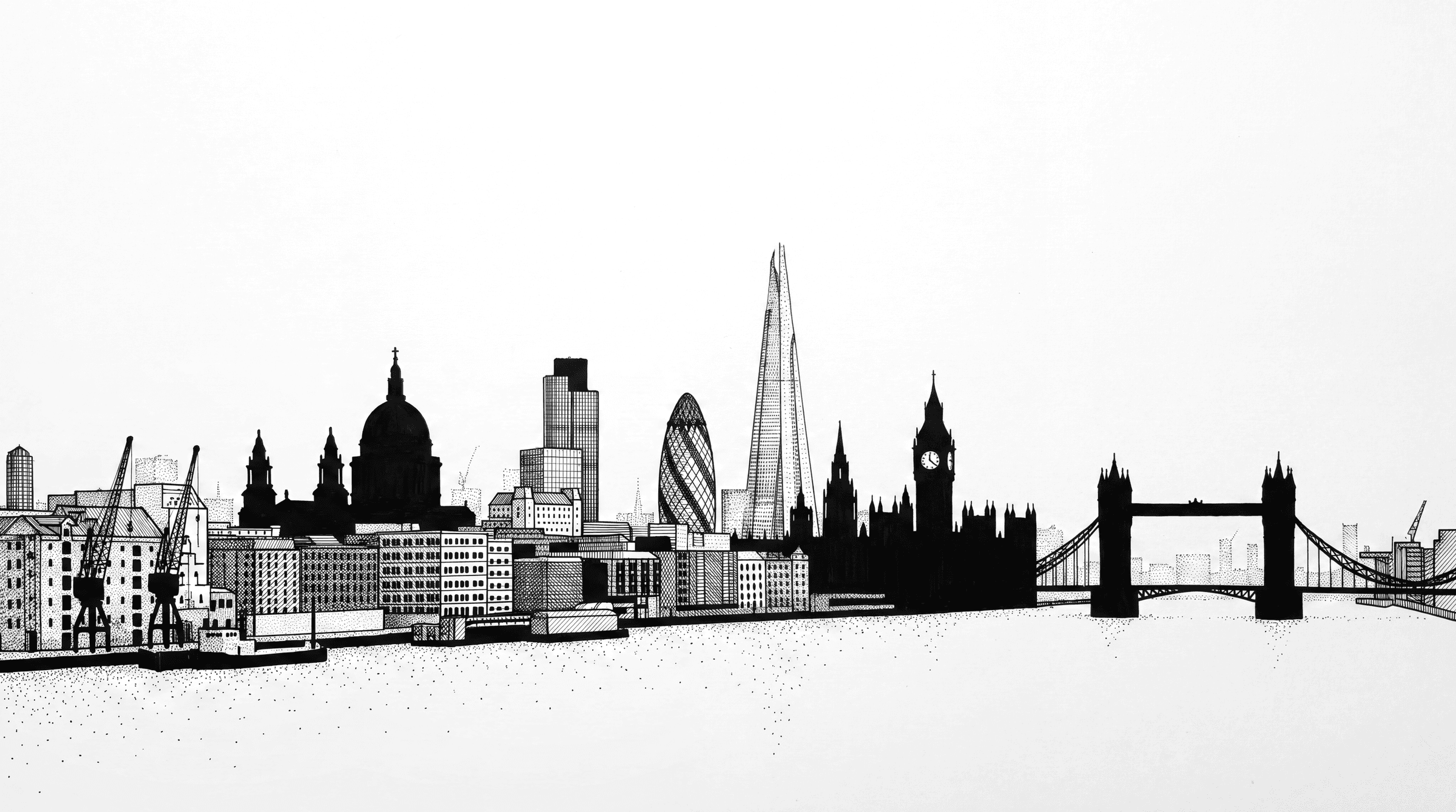 London drawn in fine line, St Paul’s and the Shard along the river to Tower Bridge.
