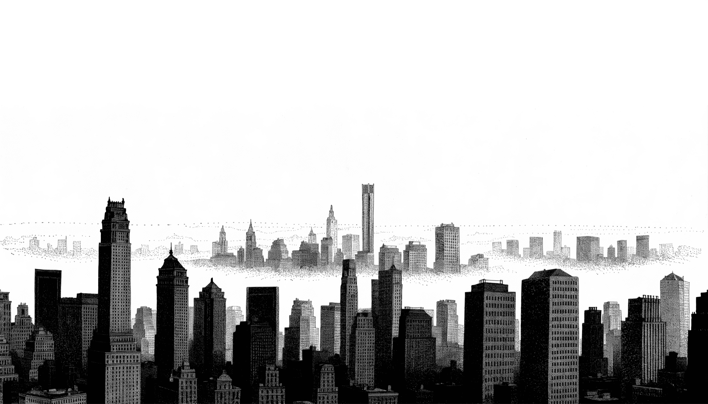 Pen-and-ink engraving of a layered city skyline receding into haze.
