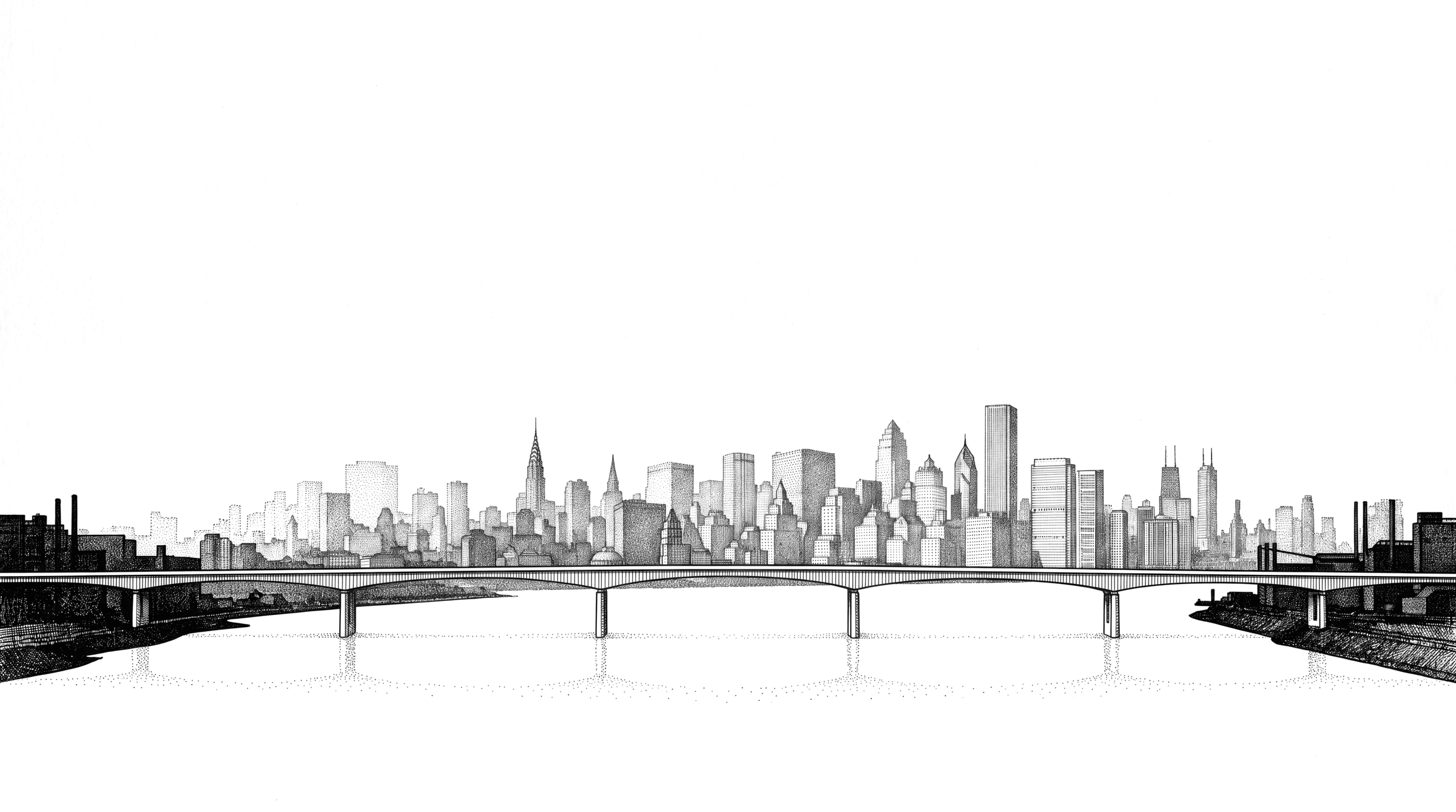A suspension bridge crossing the width of the plate in fine line.