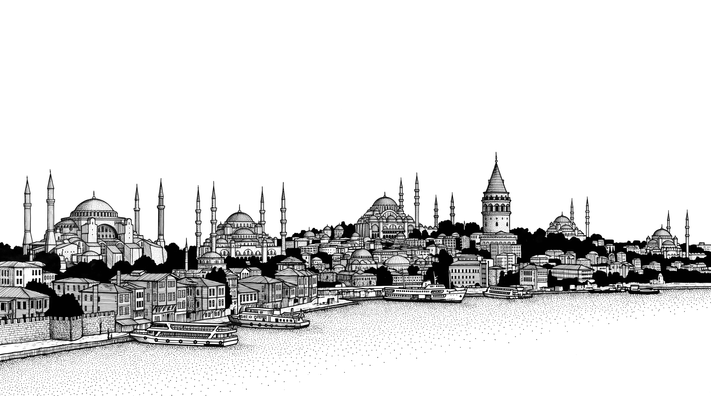 Istanbul drawn in stipple, minarets and rooftops rising through the plate.