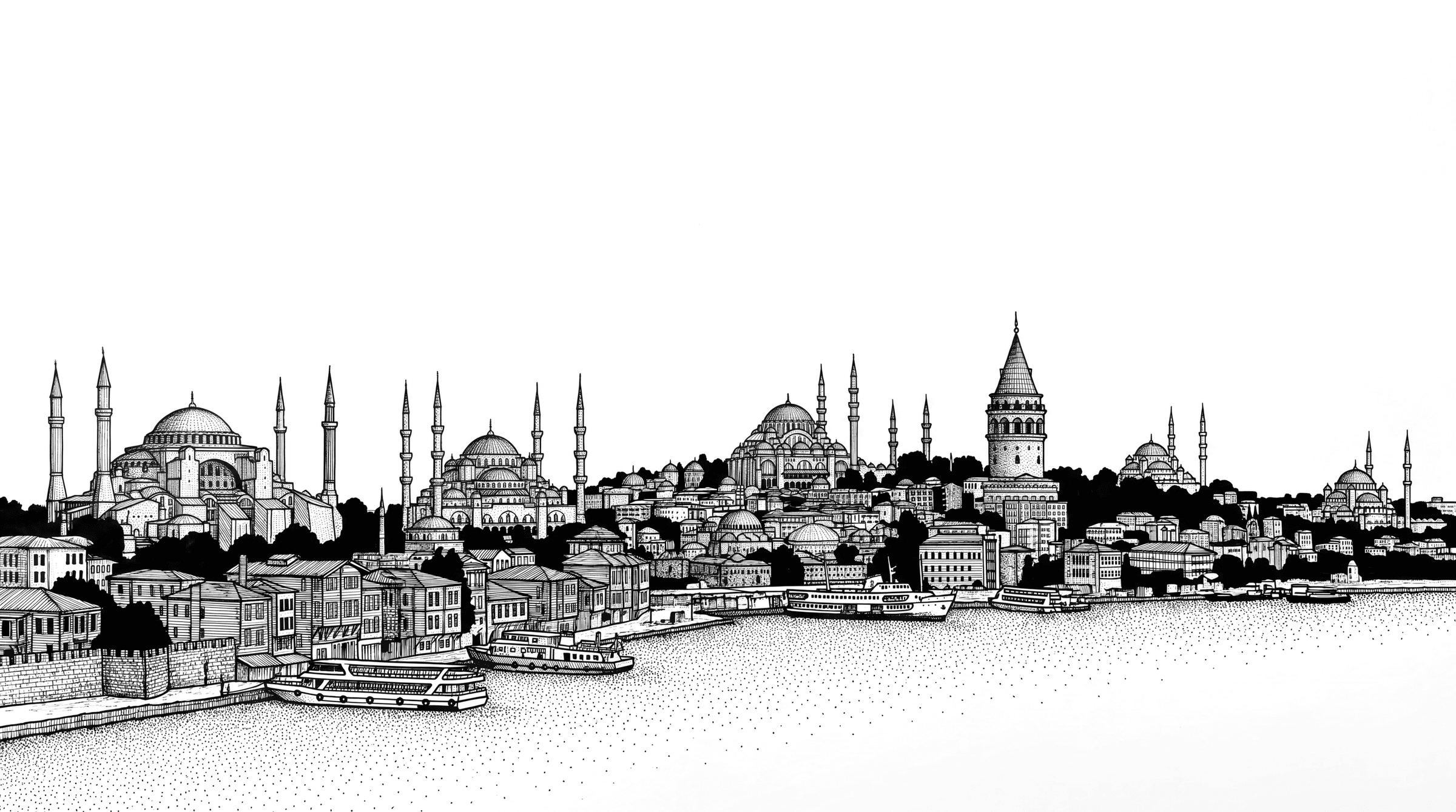 Istanbul drawn in stipple, minarets and rooftops rising through the plate.