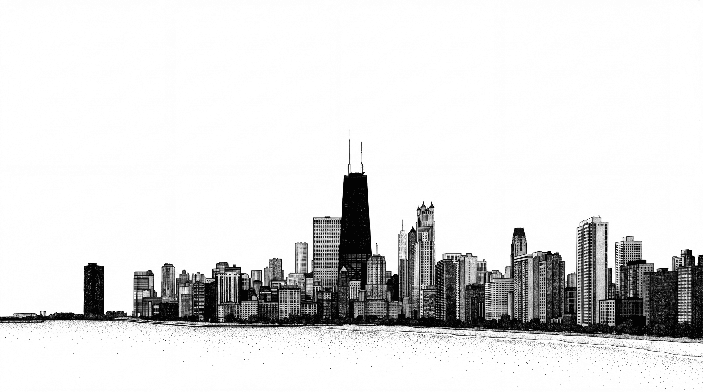 Chicago drawn in fine line, the towers standing along the lake.