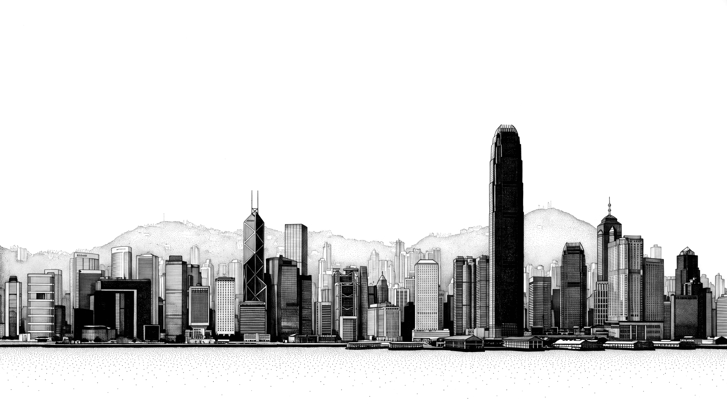 Hong Kong drawn in stipple, towers stacked against the harbour.