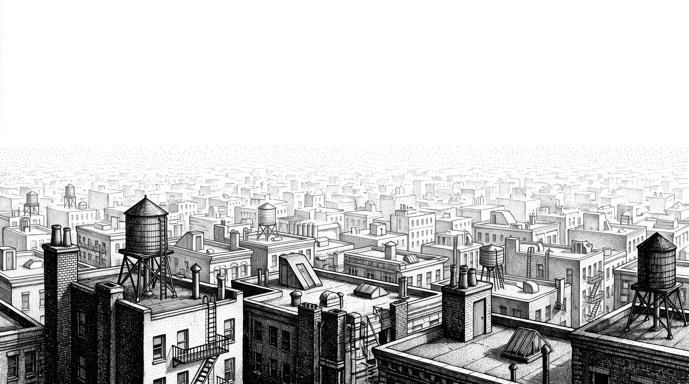 Rooftops drawn in fine line, stepping back across the page.