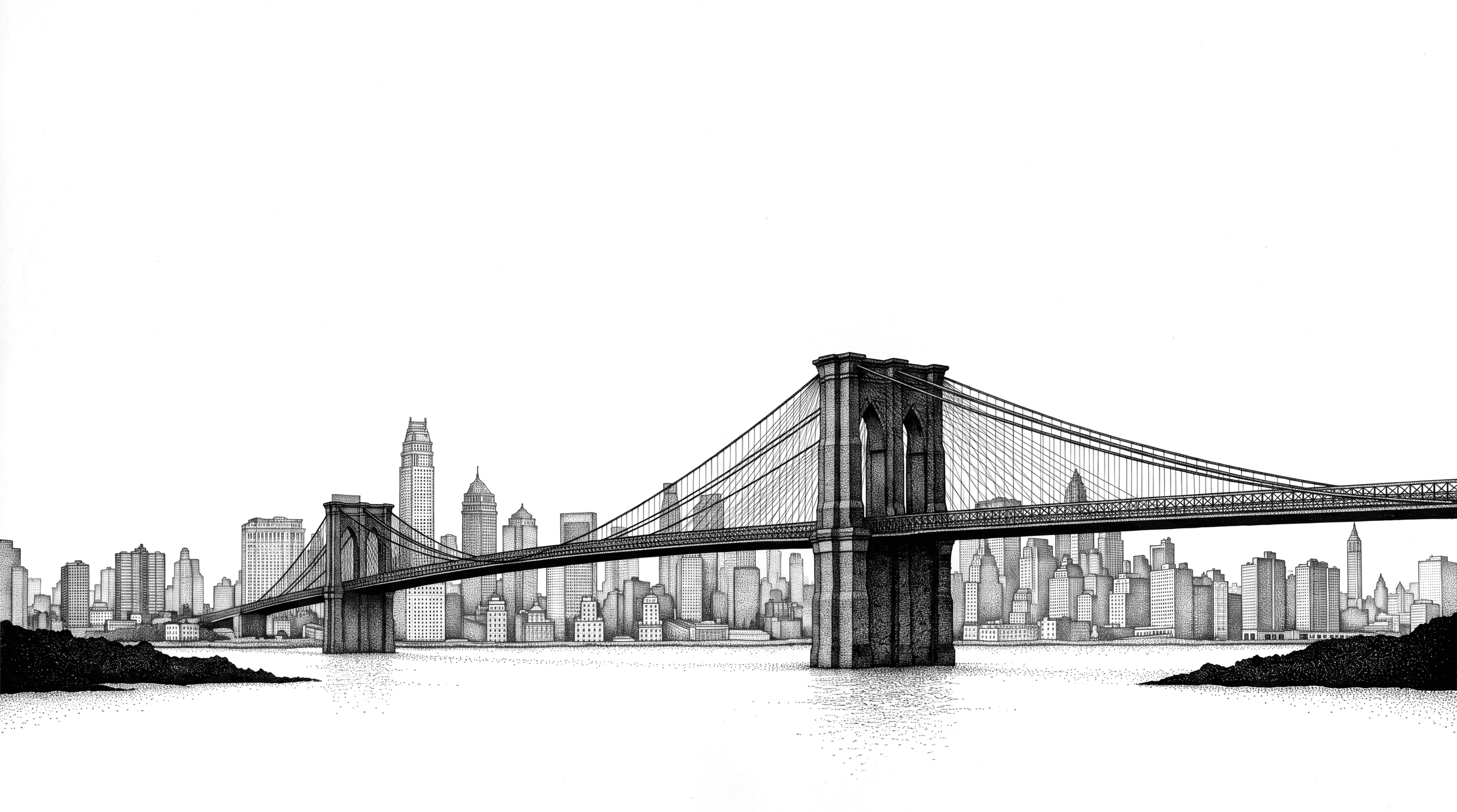Brooklyn Bridge drawn in stipple, its cables spanning the plate.