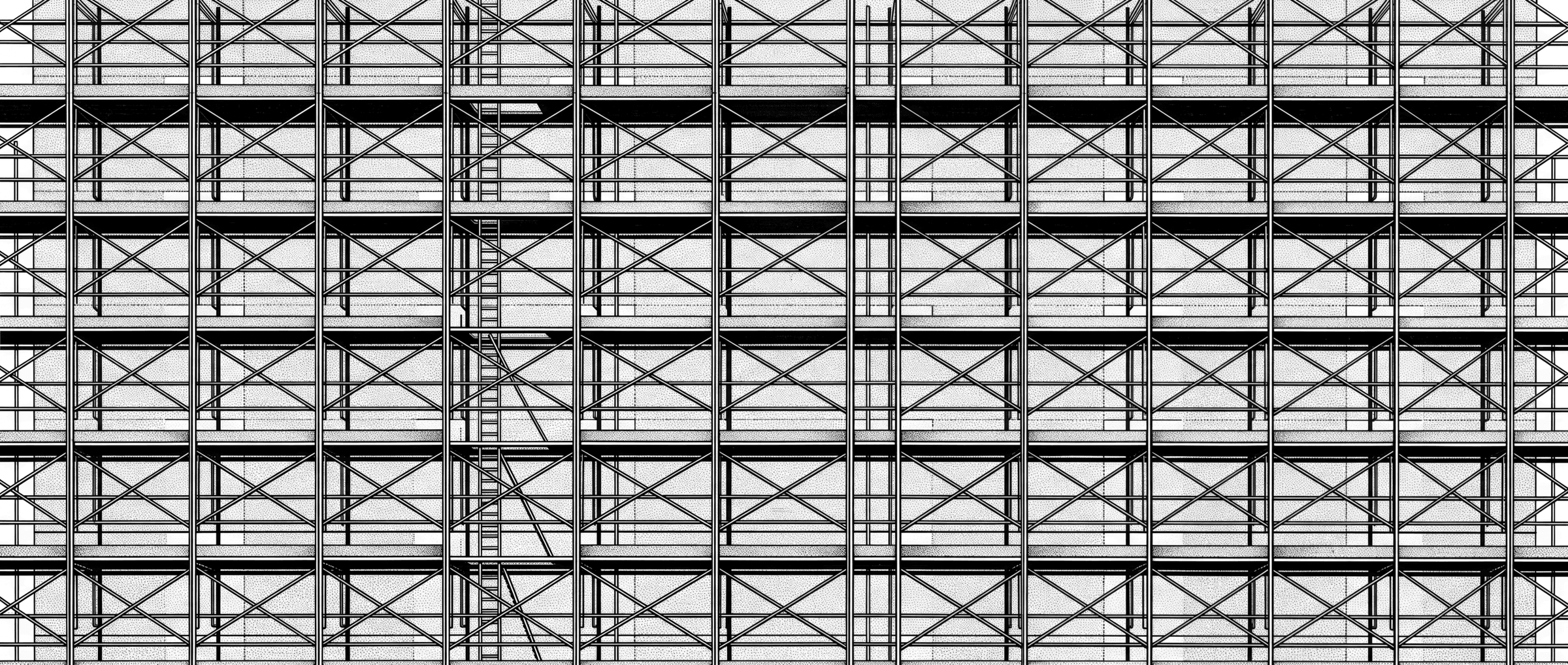 Scaffold drawn in fine line, filling the sheet.