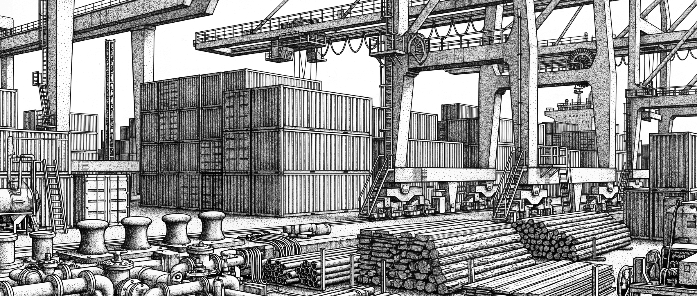 A dockside drawn edge to edge in fine line.
