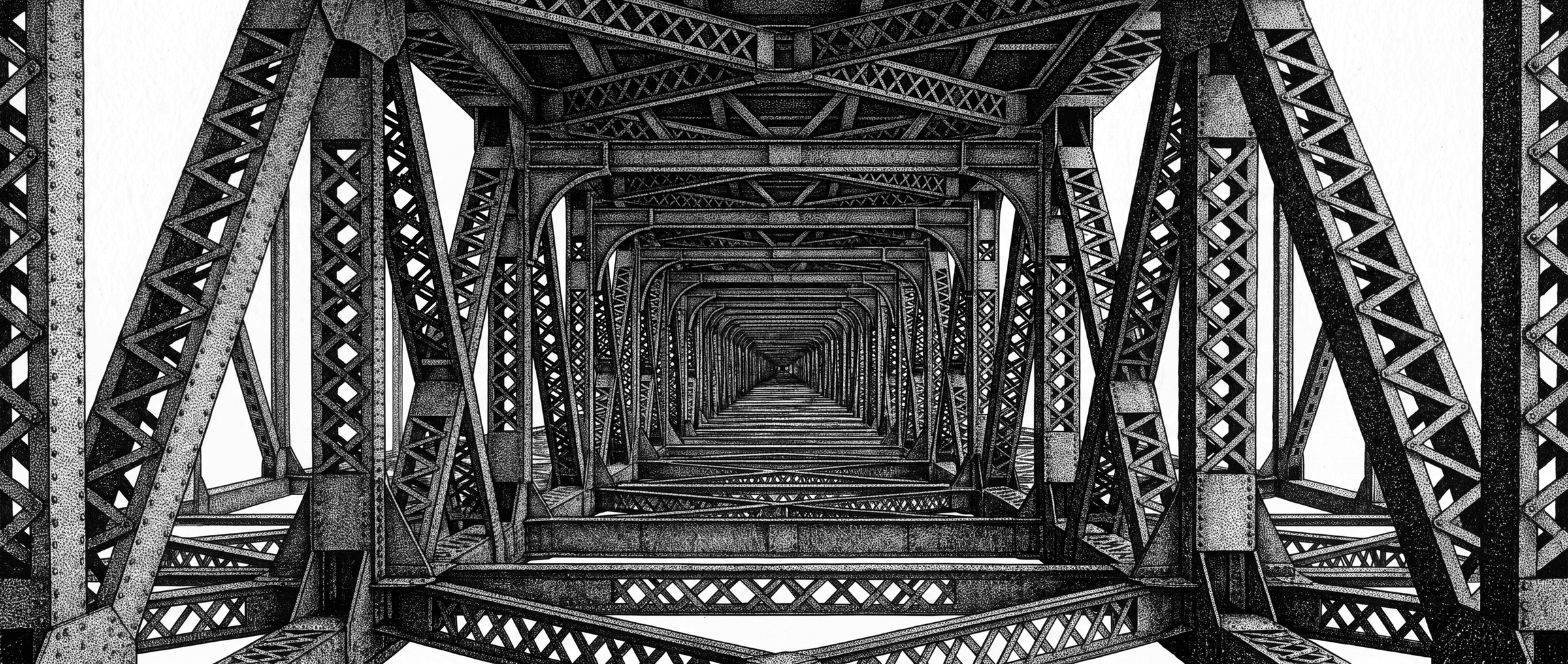Seen through a bridge truss, the lattice filling the sheet.