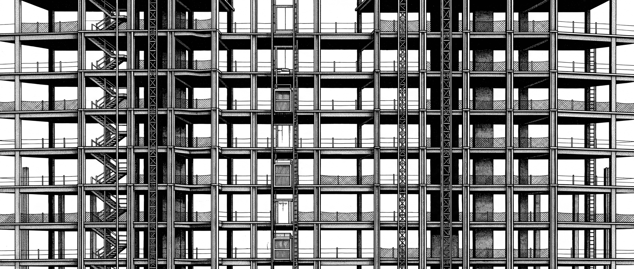 A steel frame under construction, drawn edge to edge.