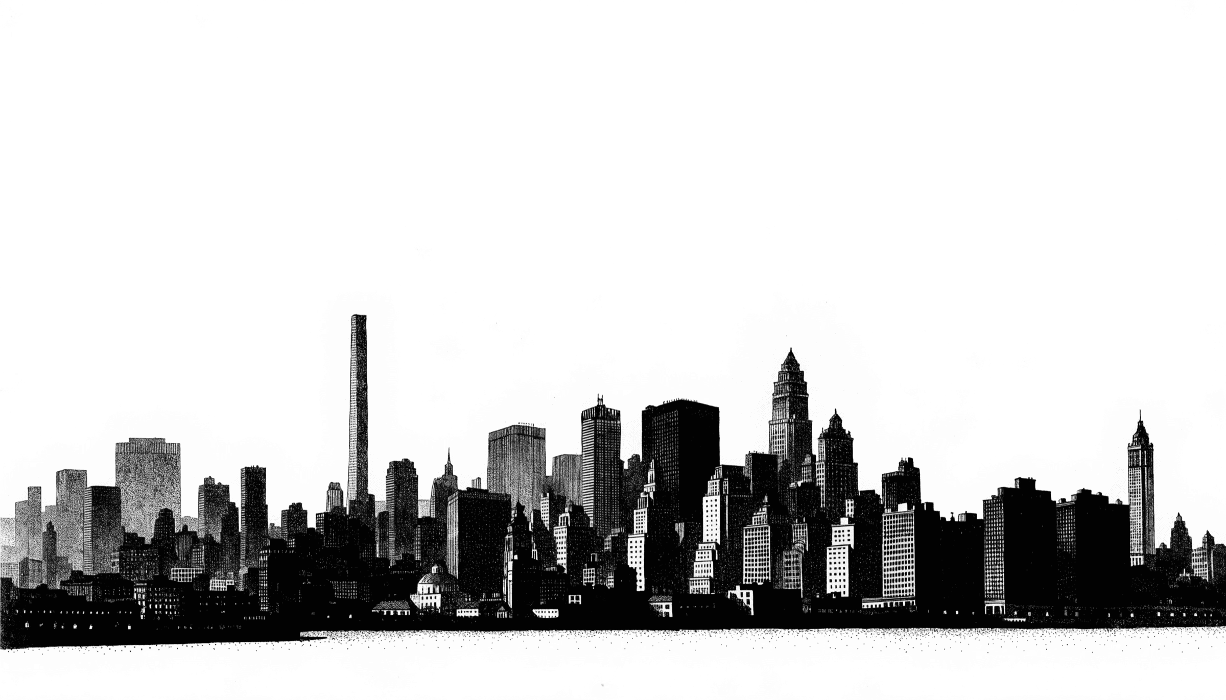 Lower Manhattan drawn in stipple and inverted, the towers picked out in white.