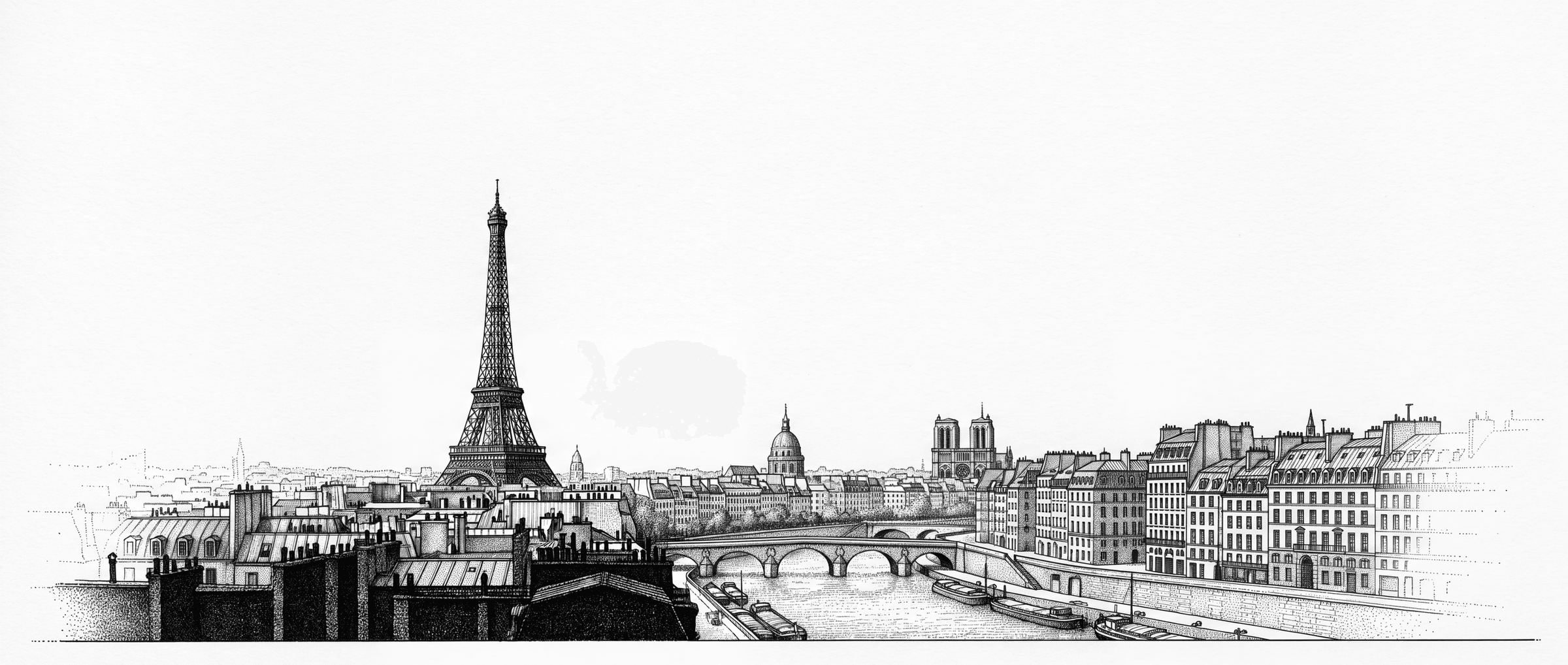 Paris drawn in fine line and inverted, pale lines rising out of the dark.